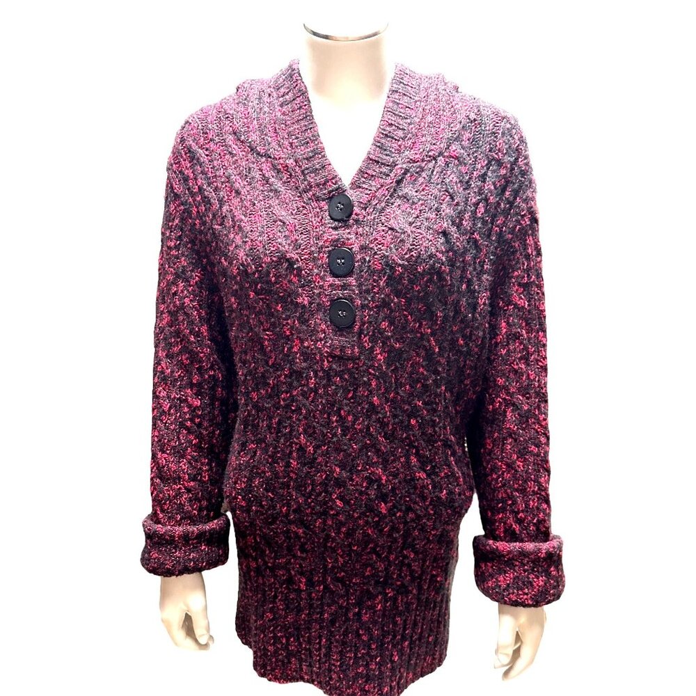 Cabelas Burgundy Black Button Up Hooded Sweater Cozy Knit Cotton Blend Warm Styl